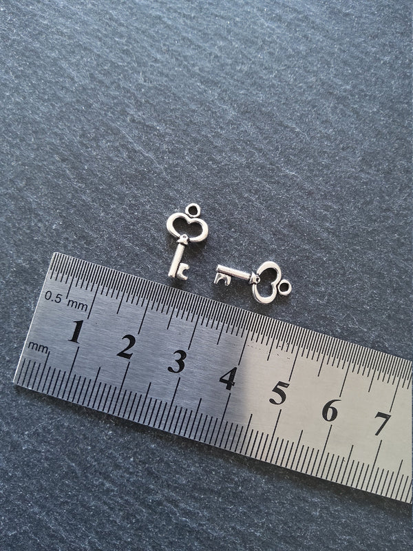 20 or 100 Little Key Charms Antique Silver Tone 15x9mm 2.5mm wide. Nickel FREE