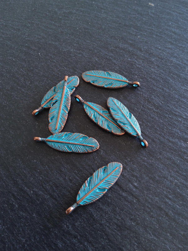 8 or 40 Antique Copper Oval Feather Charms with Blue Patina Size: 30x9x4mm
