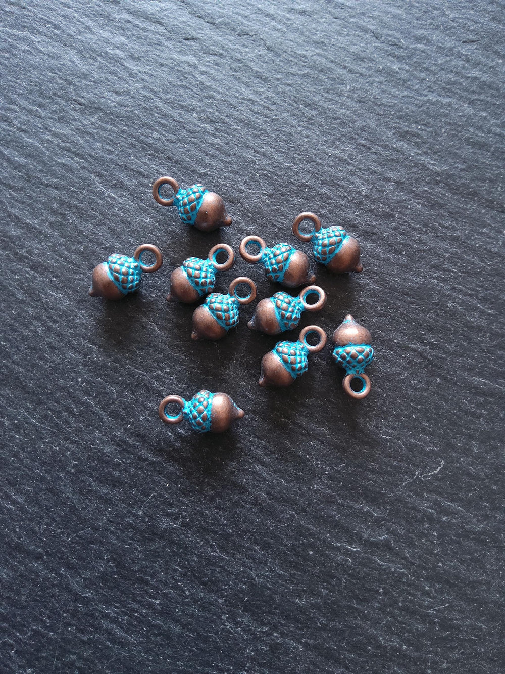12 or 60 Acorn Charms Antique Copper Tone Alloy with Blue Patina 14x7mm