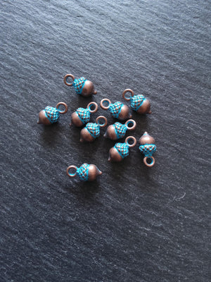 12 or 60 Acorn Charms Antique Copper Tone Alloy with Blue Patina 14x7mm