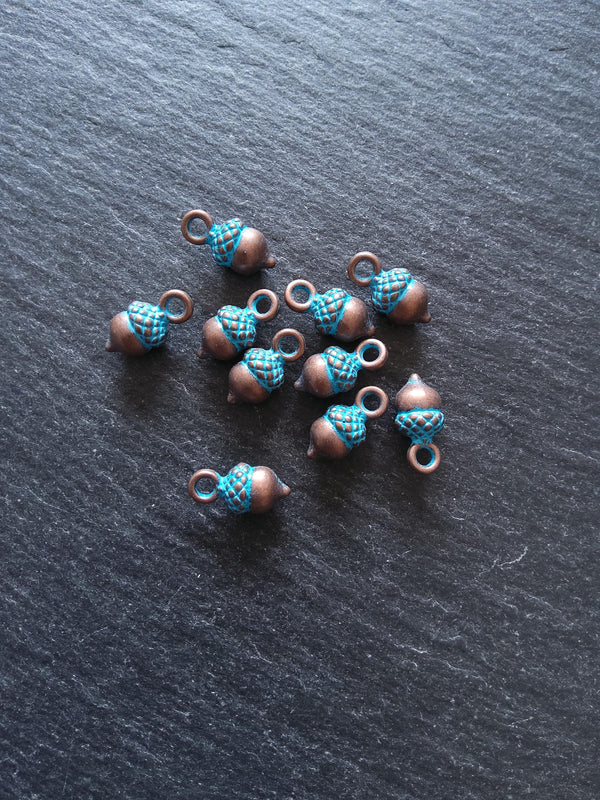 12 or 60 Acorn Charms Antique Copper Tone Alloy with Blue Patina 14x7mm