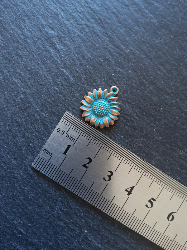 4 or 20 Antique Copper Sunflower Charms with Blue Patina 19.5x17x2.5mm