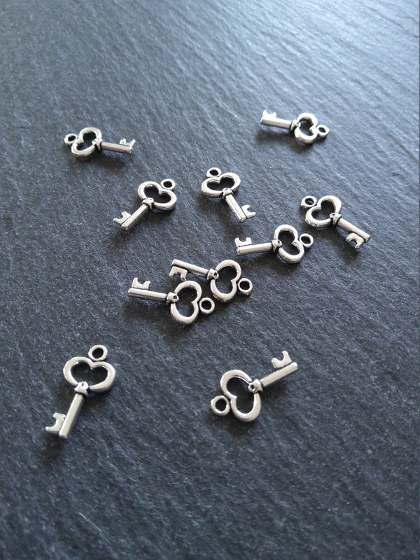 20 or 100 Little Key Charms Antique Silver Tone 15x9mm 2.5mm wide. Nickel FREE