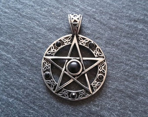 Pentagram Pendant Surgical Steel with Black Cabochon & Rhinestones 37x28mm