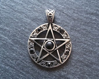 Pentagram Pendant Surgical Steel with Black Cabochon & Rhinestones 37x28mm