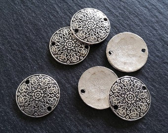 6 or 30 Antique Silver Tone 19mm Flower Mandala Round Disc Connector Charms