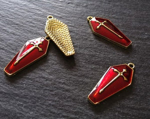 6 or 30 Coffin Shaped Pale Gold Cross Pendant with Red Enamel 25x11x3mm