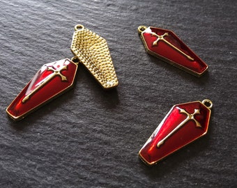 6 or 30 Coffin Shaped Pale Gold Cross Pendant with Red Enamel 25x11x3mm