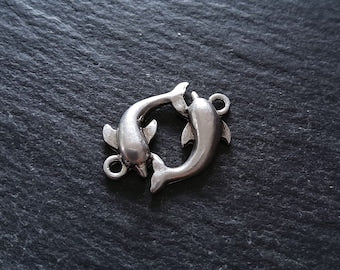 2 or 10 Dolphin Connector Charms Antiqued Sterling Silver Plated 14x21x3mm Nickel FREE