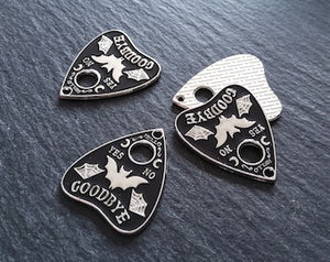 4 or 20 Silver Tone Ouija Bat Planchette Charms with Black Enamel 26x22mm