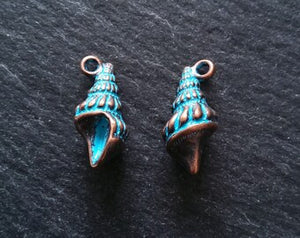4 or 20 Antique Copper Shell Charms with Blue Patina 21x10mm