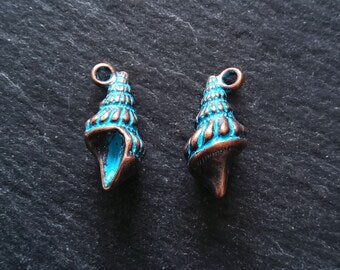 4 or 20 Antique Copper Shell Charms with Blue Patina 21x10mm