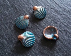 8 or 40 Antique Copper Scallop Shell Charms with Blue Patina 21x11mm