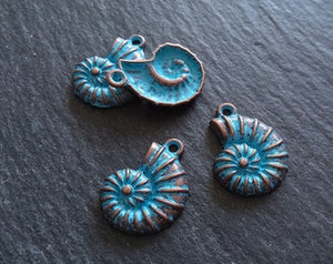8 or 40 Antique Copper Ammonite Shell Charms with Blue Patina 21x15mm