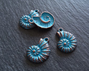 8 or 40 Antique Copper Ammonite Shell Charms with Blue Patina 21x15mm