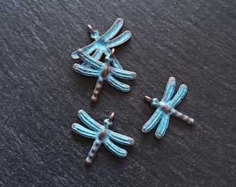 4 or 20 Antique Copper Dragonfly Charms with Blue Patina 28x25mm