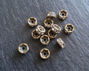 10 or 50 Antique Bronze 6mm Clear Rhinestone Straight Edge Spacer Beads 6x3mm Nickel FREE
