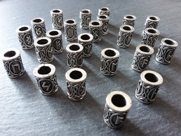 Set of 24 Elder Futhark Rune Beads Antique Silver Tone 13x8mm Hole: 4.7mm