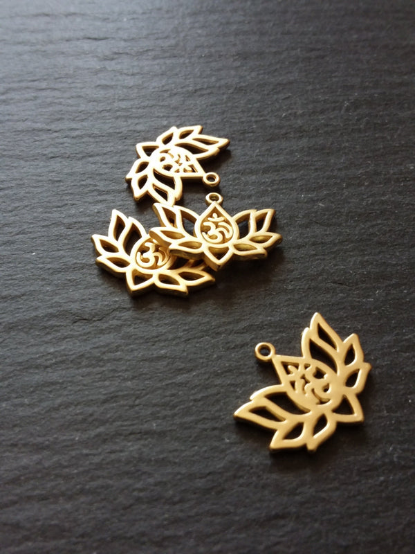 4 or 20 Real Gold Plated Lotus Flower with Ohm Charms 16.5x20.5mm Nickel FREE