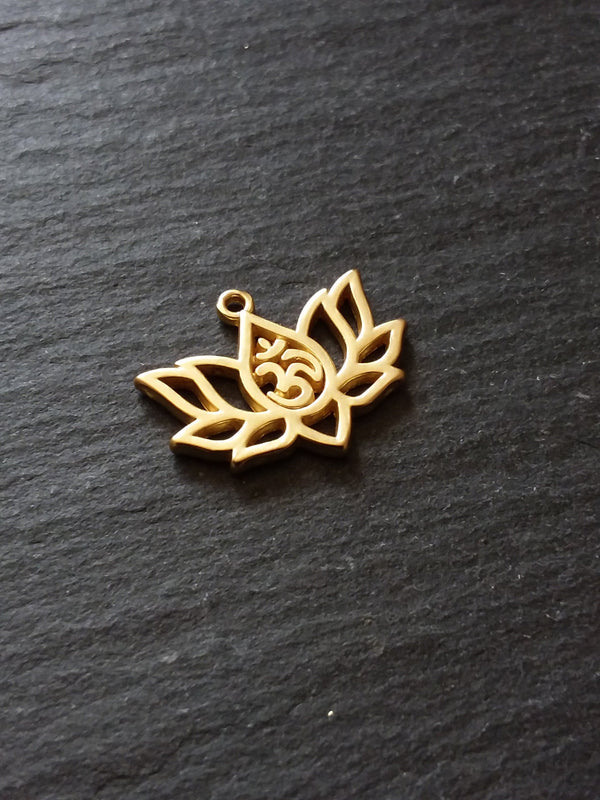 4 or 20 Real Gold Plated Lotus Flower with Ohm Charms 16.5x20.5mm Nickel FREE