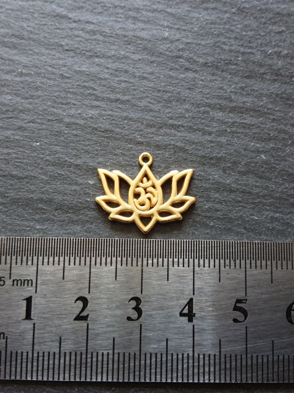 4 or 20 Real Gold Plated Lotus Flower with Ohm Charms 16.5x20.5mm Nickel FREE