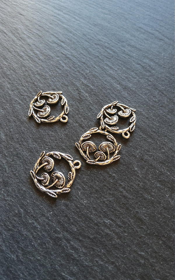 4 or 20 Mushroom Toadstool Round Forest Charms Antique Silver Tone 21x20mm
