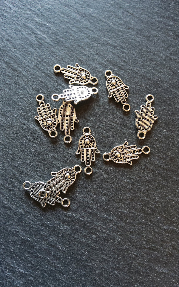20 or 100 Hamsa Hand / Hand of Fatima Connector Charms Flat Silver Tone Alloy 20x10mm