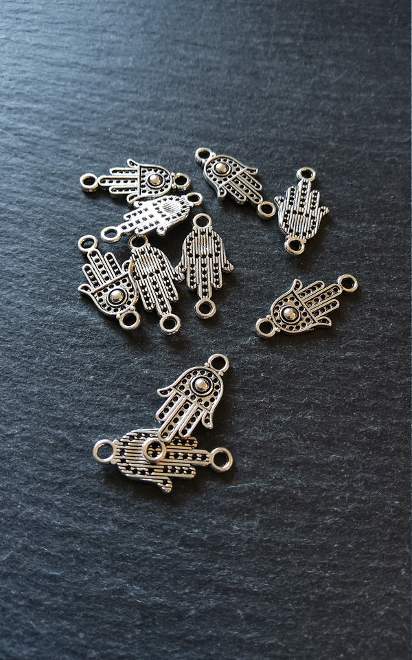 20 or 100 Hamsa Hand / Hand of Fatima Connector Charms Flat Silver Tone Alloy 20x10mm