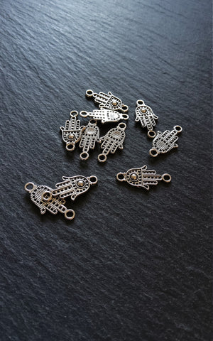 20 or 100 Hamsa Hand / Hand of Fatima Connector Charms Flat Silver Tone Alloy 20x10mm