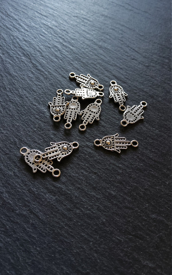 20 or 100 Hamsa Hand / Hand of Fatima Connector Charms Flat Silver Tone Alloy 20x10mm