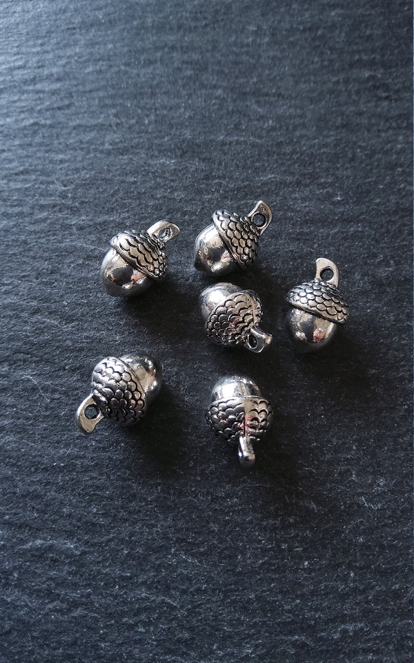 6 or 30 Acorn Charms Antique Silver Tone Solid 14x10mm