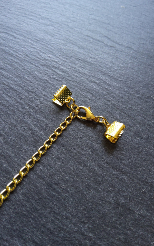 Pack of 5 Gold Plated Crimp End Sets for Ribbon, Various Sizes