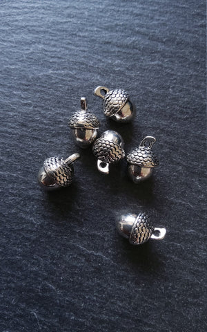 6 or 30 Acorn Charms Antique Silver Tone Solid 14x10mm
