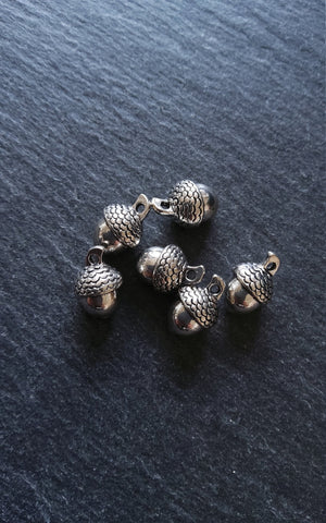 6 or 30 Acorn Charms Antique Silver Tone Solid 14x10mm