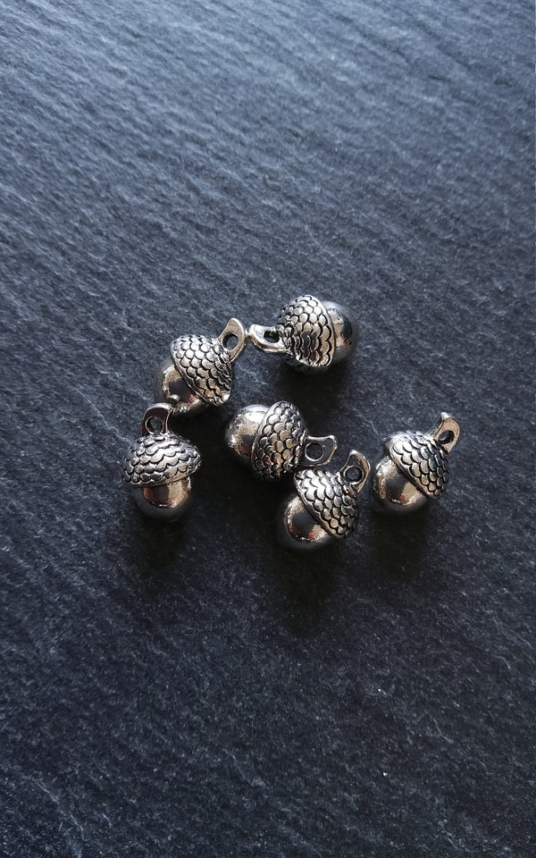 6 or 30 Acorn Charms Antique Silver Tone Solid 14x10mm