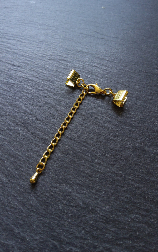 Pack of 5 Gold Plated Crimp End Sets for Ribbon, Various Sizes