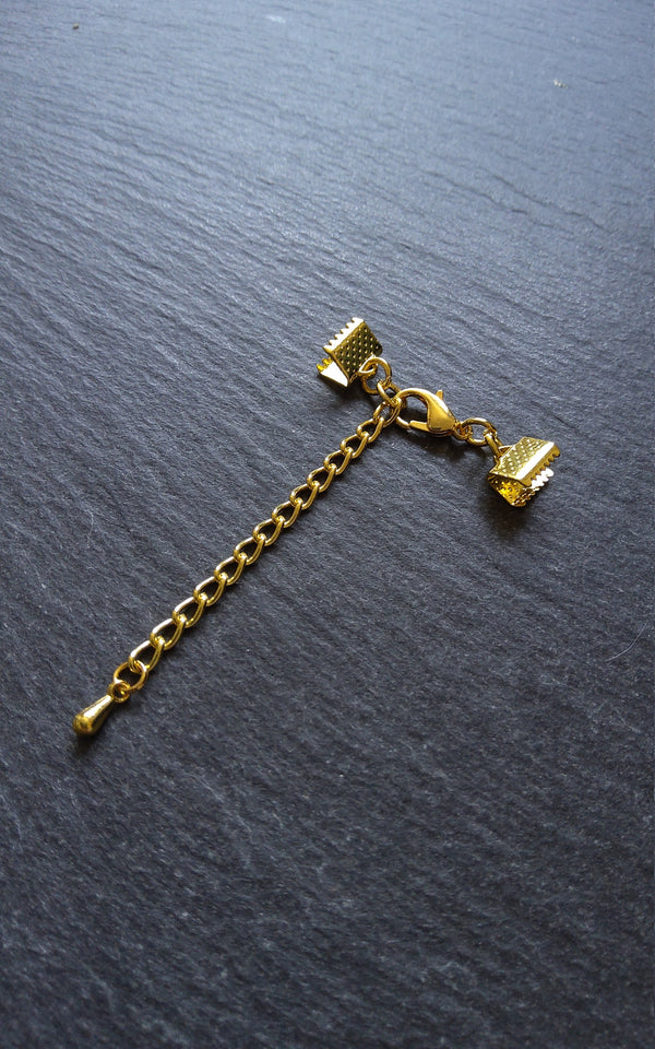 Pack of 5 Gold Plated Crimp End Sets for Ribbon, Various Sizes