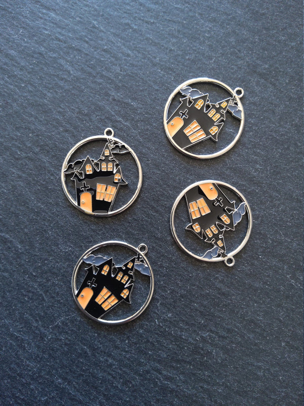 2 or 10 Haunted House Charms Antique Silver Tone Black & Orange 12x8mm