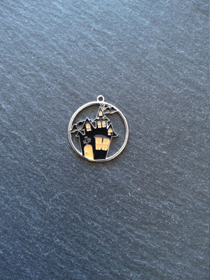 2 or 10 Haunted House Charms Antique Silver Tone Black & Orange 12x8mm