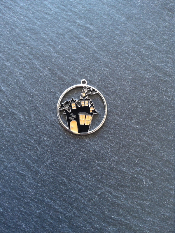 2 or 10 Haunted House Charms Antique Silver Tone Black & Orange 12x8mm