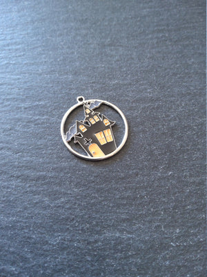 2 or 10 Haunted House Charms Antique Silver Tone Black & Orange 12x8mm