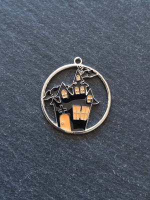 2 or 10 Haunted House Charms Antique Silver Tone Black & Orange 12x8mm