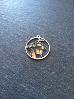 2 or 10 Haunted House Charms Antique Silver Tone Black & Orange 12x8mm