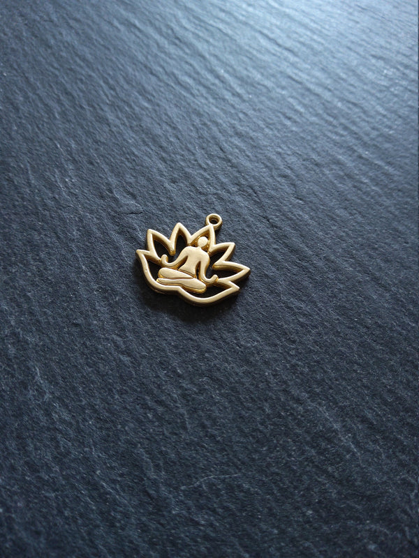 4 or 20 Real Gold Plated Lotus Flower with Meditating Figure Charms 16.5x18mm Nickel FREE