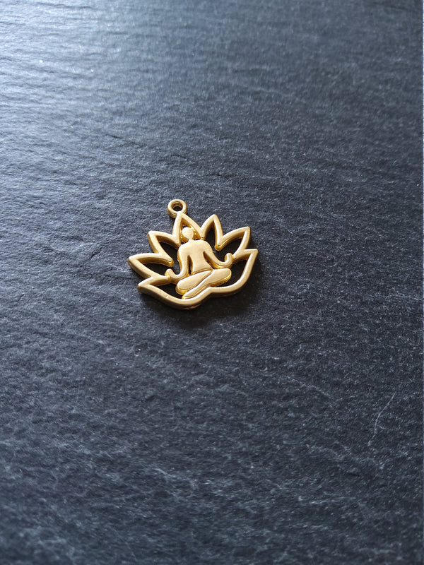 4 or 20 Real Gold Plated Lotus Flower with Meditating Figure Charms 16.5x18mm Nickel FREE