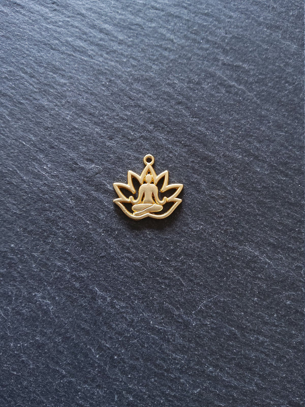 4 or 20 Real Gold Plated Lotus Flower with Meditating Figure Charms 16.5x18mm Nickel FREE