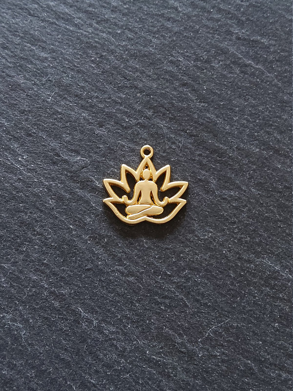 4 or 20 Real Gold Plated Lotus Flower with Meditating Figure Charms 16.5x18mm Nickel FREE