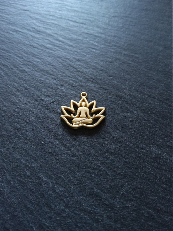 4 or 20 Real Gold Plated Lotus Flower with Meditating Figure Charms 16.5x18mm Nickel FREE