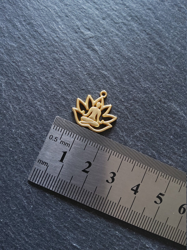 4 or 20 Real Gold Plated Lotus Flower with Meditating Figure Charms 16.5x18mm Nickel FREE