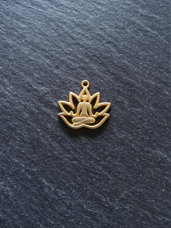 4 or 20 Real Gold Plated Lotus Flower with Meditating Figure Charms 16.5x18mm Nickel FREE